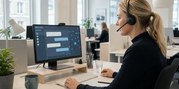 Digital kundtjänstmiljö med dator och abstrakt teknikljus