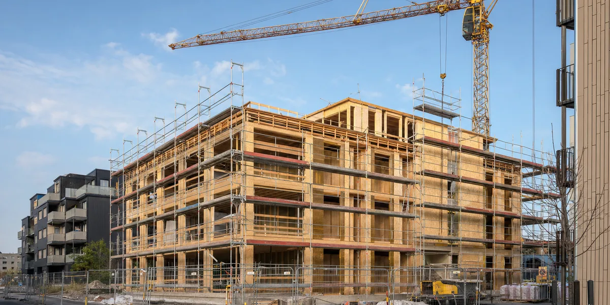Bostadshus under byggnation i svensk stadsmiljö