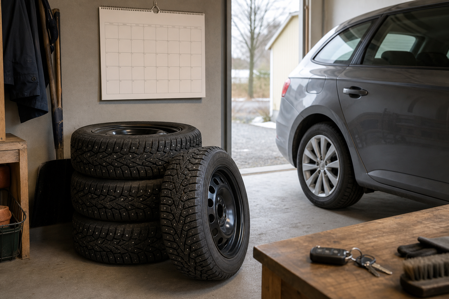 Garage med däck, kalender och bilnycklar
