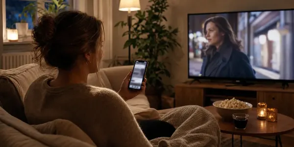 Person i soffa på kvällen som tittar på en TV-serie och kollar rollistan i mobilen